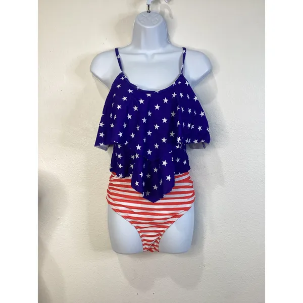Adisputent Womens Patriotic Stars Stripes Ruffle Bikini Set Blue Red White‎ M - Image 2