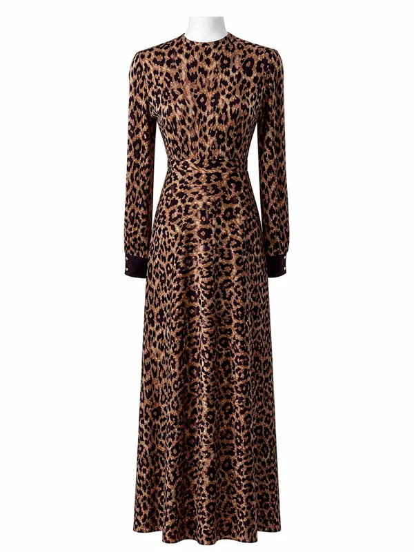 Leopard Print Maxi Dress Long Sleeve Mermaid Hem Boutique Glam Animal Print - Image 2