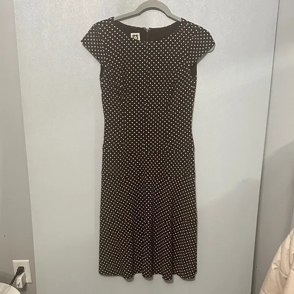 Anne Klein Women Dress Polka Dot Cap Sleeve Brown White Sheath Size 2 - Image 2