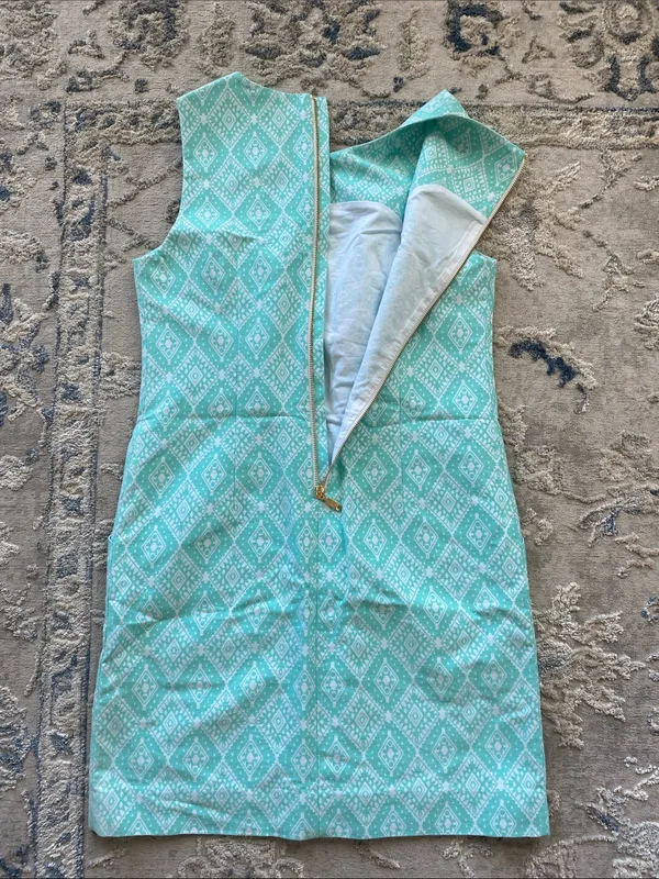 Southern Tide Teal and White Sleeveless Printed Shift Dress - Image 4