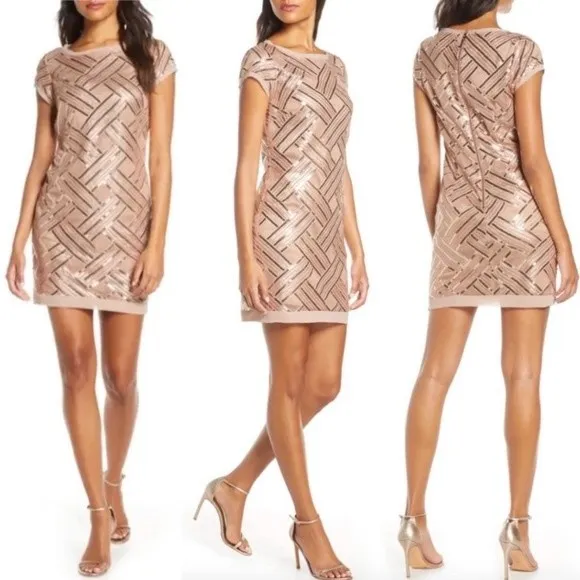 Eliza J Size 6 Rose Gold Sequin Mesh Lattice Sheath Cocktail Mini Dress Cocktail - Image 7