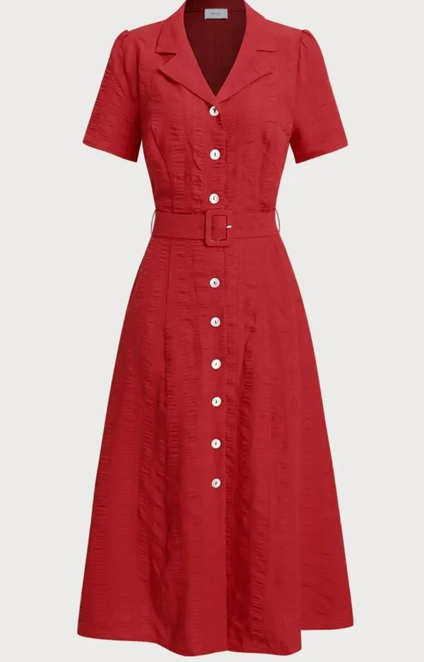 Rihoas Red Belted A-Line Midi Dress - Image 5
