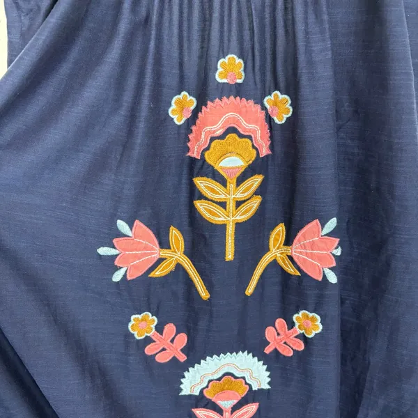 Anthropologie Malika Embroidered Dress Low Scoop Back Ruffle Hem Navy Blue XS - Image 14