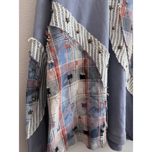 POL Anthropologie Plaid Blue Patchwork Stars Women's Size Large - Image 3