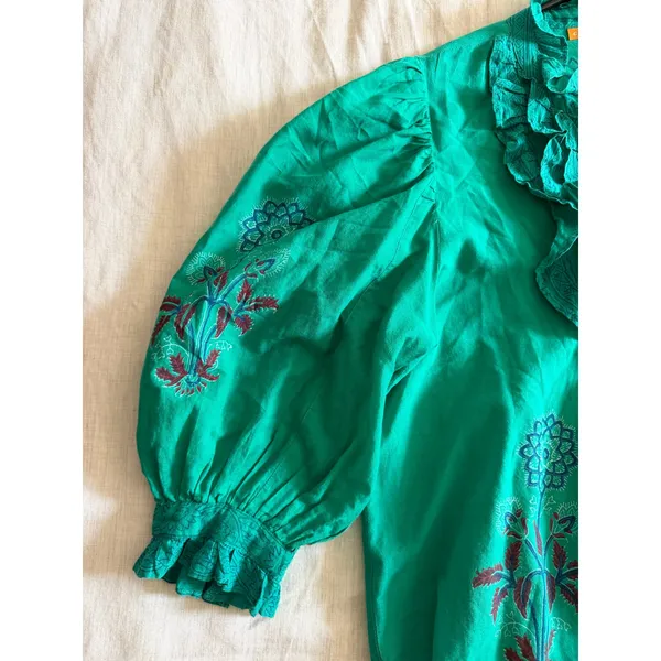 Oliphant Blouse Womens XS Ruffle Green Floral Puff Sleeve Tuckerneck - Image 3