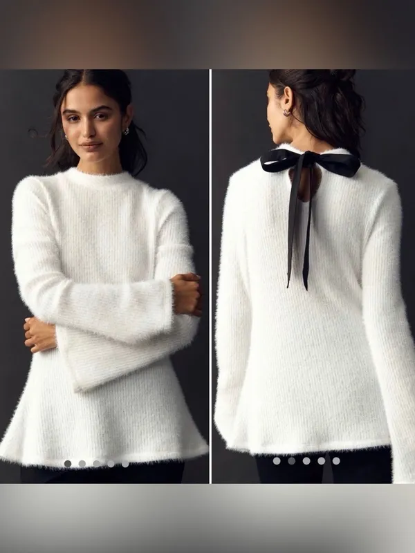 Anthropologie Maeve Tie Back Bell Sleeve Top Tunic Sweater Ivory White S NWT - Image 2