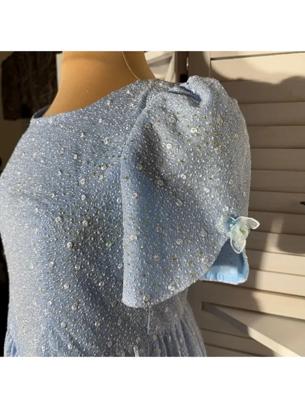 Vintage Beaded Floral Appliqués Peasant Dress Blue XL - Image 6