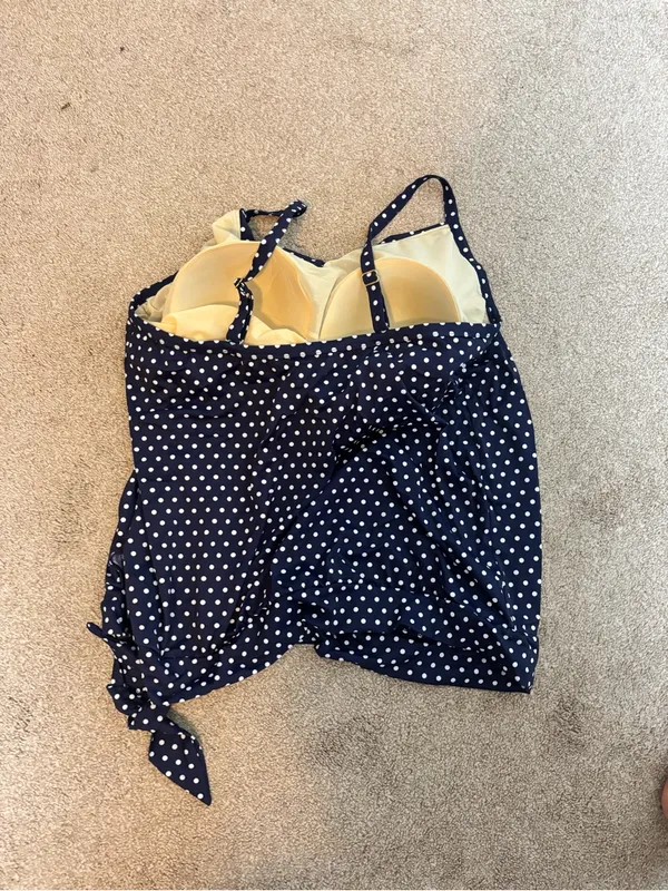Swimsuits for All Navy Blue Polka Dot Tie-Hem Blouson Style Tankini Swim Top - Image 6
