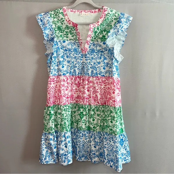 Roller Rabbit Hilla Tiered Block Print Mini Dress Multi-Color Cotton - Size L - Image 2