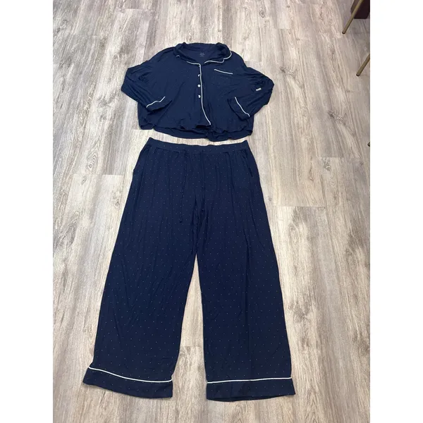 Cozy Earth Navy Blue Pink Polka Dot Bamboo Pajama Set Womens XXL Long Sleeve PJ - Image 2
