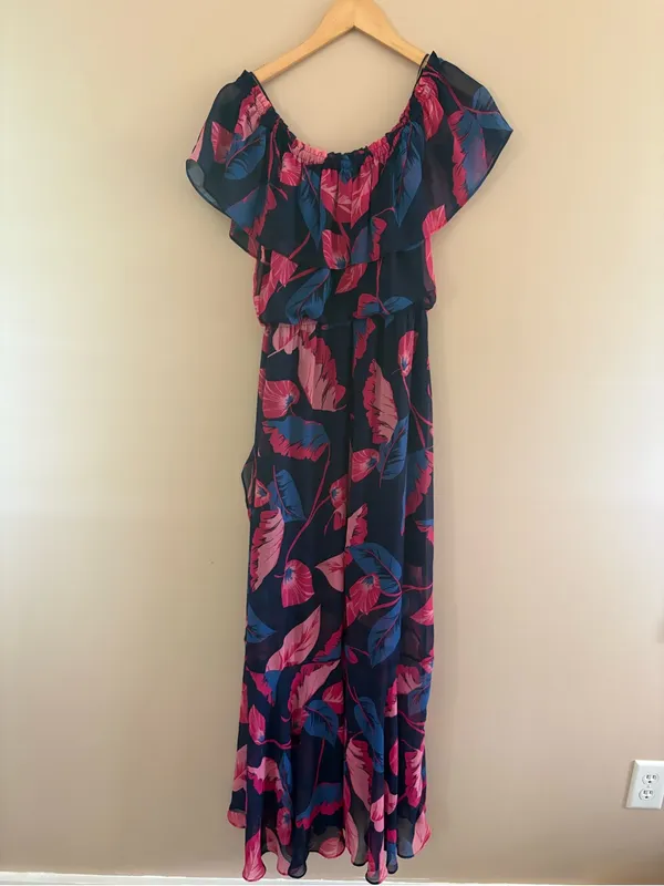 Express Off The Shoulder High Low Maxi Dress Size Small Vacation Tropical Flowy - Image 5