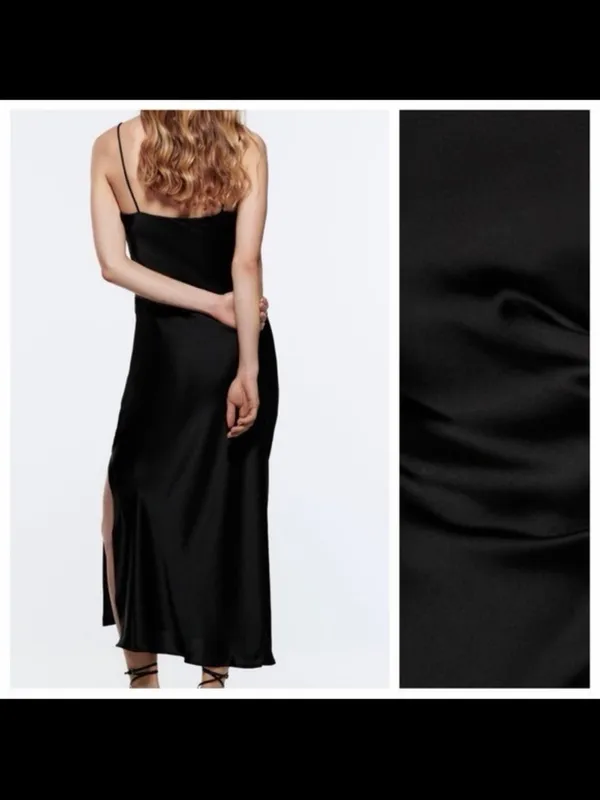 Zara Black Satin Slip Midi Dress with Thigh Slit - Image 3