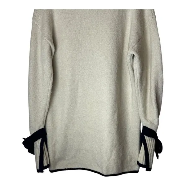 JOA Sweater Women Small Ivory‎ Navy Blue Trim Knit Hi Low Tie Sleeve Sweater - Image 6