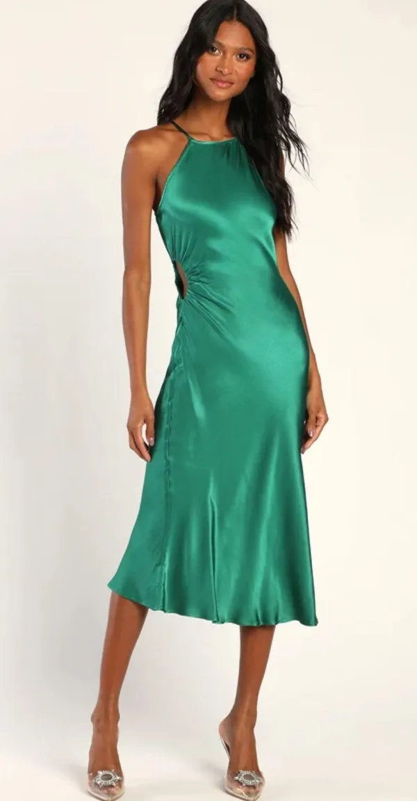 Lulus Green Satin Cutout Midi Dress - Image 4