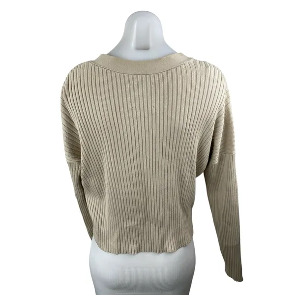 Abercrombie & Fitch Beige Ribbed V Neck Long Sleeve Crop Cardigan Sweater Top L - Image 2