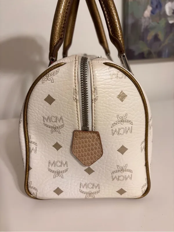 MCM Princess Lion Satchel H0501 White Visetos Bronze Python Trim Satchel - Image 3