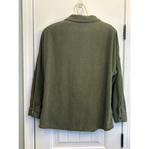 PrettyGarden Chic Women’s Medium Olive Green Corduroy Shacket Snap Front Pockets - Image 3