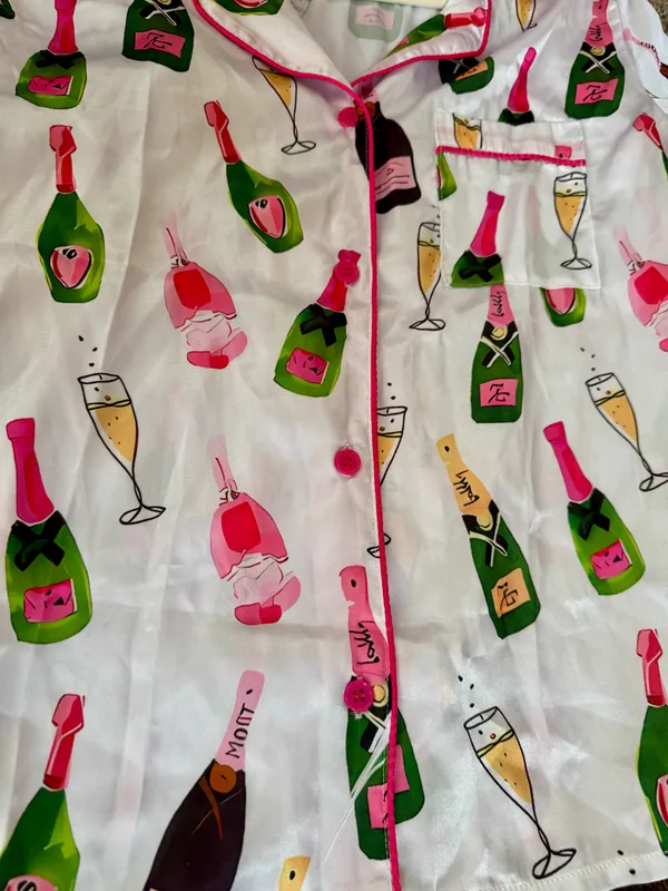 Champagne Bottle Print Silk Pajama Set White - Image 4