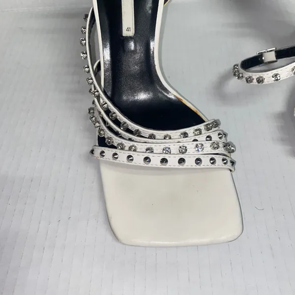 Zara White Leather Studded Embellished Rhinestone Heeled Sandals Women's 41 11 - Image 5