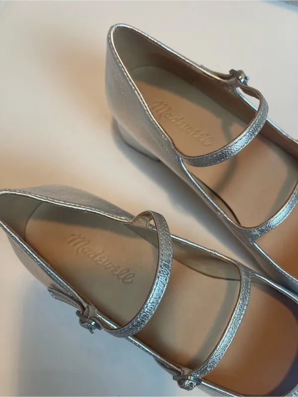 Madewell Silver Metallic Leather Double Strap Nettie Heeled Mary Jane Shoes 8.5 - Image 10