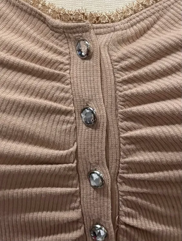 Vintage Y2K Guess Lace Trim Ribbed Ruched Long Sleeve Henley Top - Image 7