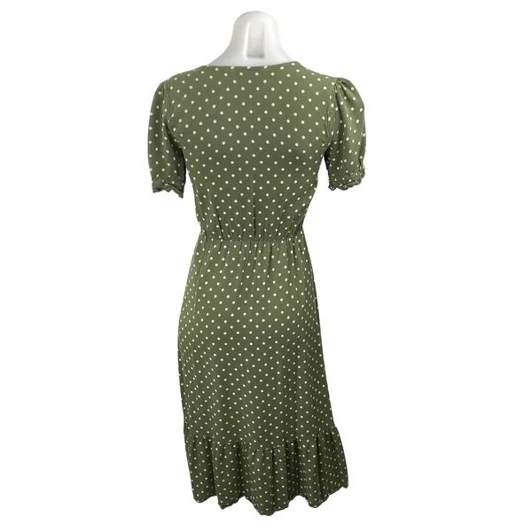 Zara Womens Green Polka Dot V Neck Puff Sleeve Button Midi Flare A-Line Dress XS - Image 4