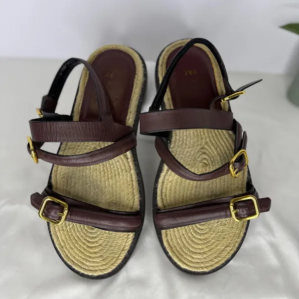 Zara Burgundy Leather Jute‎ Buckle Strappy Flat Sandals Shoes Womens 39 8.5 - Image 3