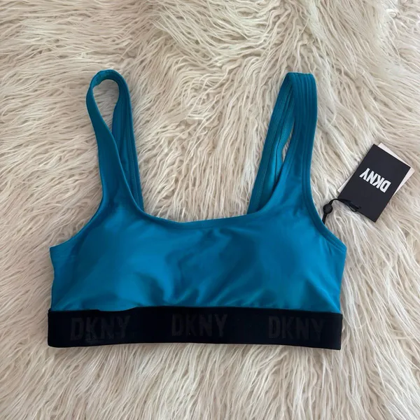 DKNY Scoop Neck Logo Bikini Swim Top Blue Size Medium - Image 2