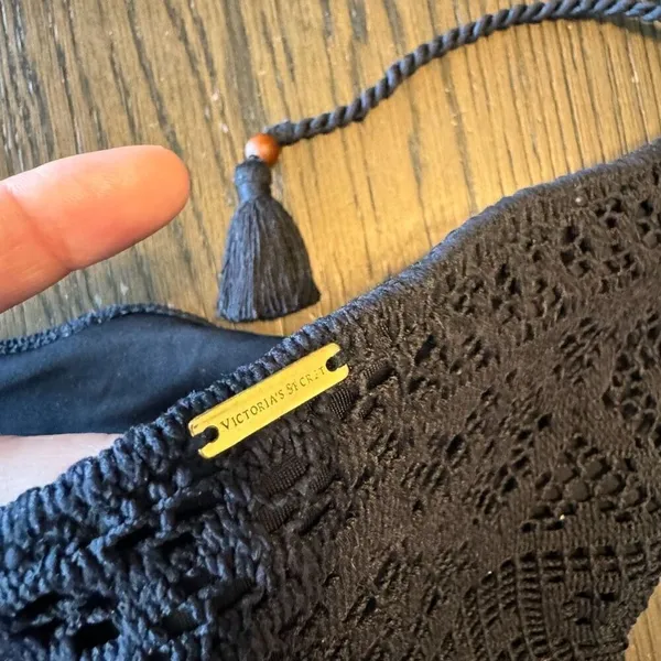 Victorias Secret Black Crocheted Side Tie Beaded Cheeky Swim Bikini Bottom Large - Image 6