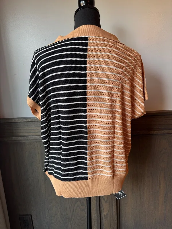 Zaful Split-Panel Polo Knit Top in Tan and Black NWT XL - Image 3