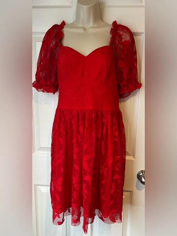 SBetro Plus 1XL Red Lace Overlay Puff Sleeve Sweetheart Mini Dress Coquette NWT - Image 4