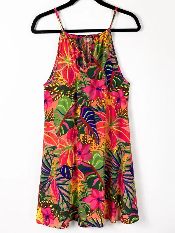 SHEIN Dress Women L Tropical Floral Jungle Print Halter Tie Neck Midi - Image 2