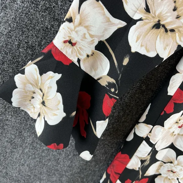 CeCe Womens Floral Mini Dress Size 12 Black Beige Red Long Bell Sleeve Lined - Image 10