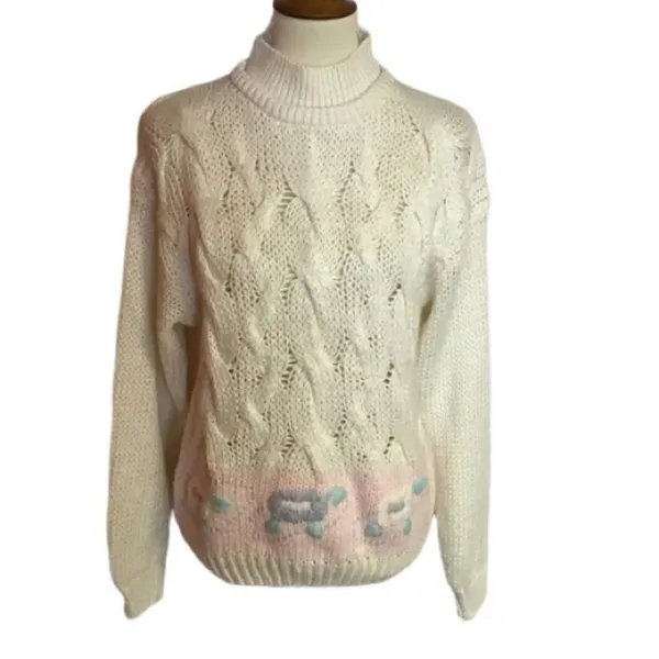 Vintage 80s Hand Knit Turtleneck Sweater | Cream Cable Knit Cottagecore - Image 2