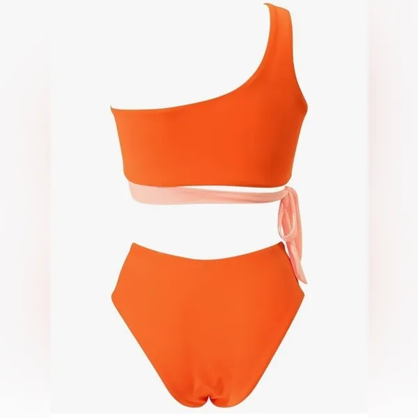 Orange and pink One-Shoulder Bikini Set side tie high waisted bikini - Image 3