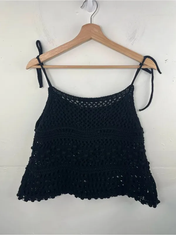 ZARA Black Crochet Knit Tie Strap Crop Tank Top Boho Festival Beach Cover-Up S - Image 7