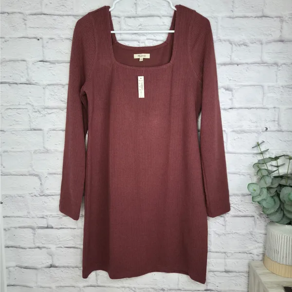 NWT Madewell Ribbed Bodycon Mini Dress Large Burgundy Square Neck Long Sleeve - Image 2