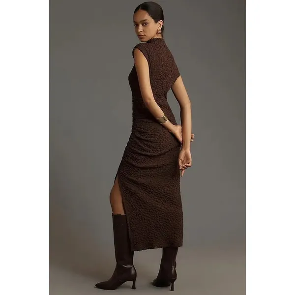 NWT!! ANTHROPOLOGIE Maya Ruched Cowl Neck Textured Midi Dress Chocolate Large - Image 7