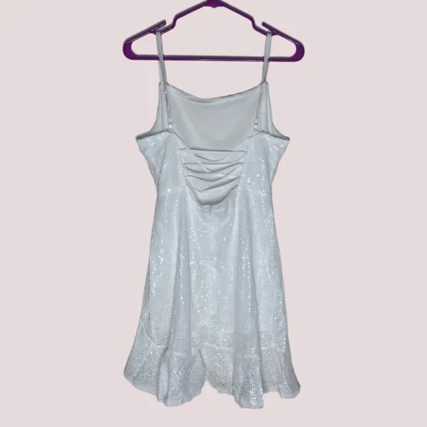 NWOT White Sequin Spaghetti Strap Lace Up Ruffle Hem Bodycon‎ Dress - M - Image 6