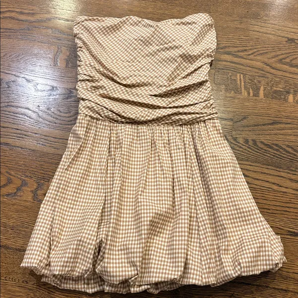 Reformation Clea Anzo Check Strapless Beige Gingham Bubble-Hem mini dress, 6 - Image 4
