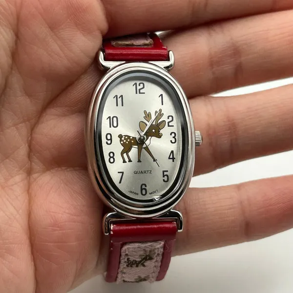 Reindeer Theme Oval Silver Tone Dial Red & Pink Band Watch Working - Image 7