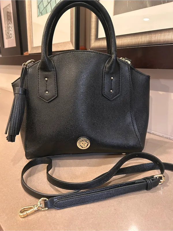 Anne Klein Structured Black Leather Top-Handle Satchel with Tassel Accent - Image 2