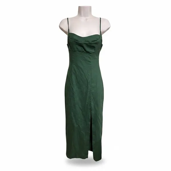 Zara Linen Blend Strappy Midi Dress in Green Size S Cowl Neck Slit - Image 2