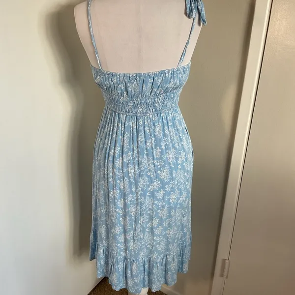 Light Blue Floral Midi Dress Small A-Line Summer Cottagecore Tie Strap Plaid - Image 6