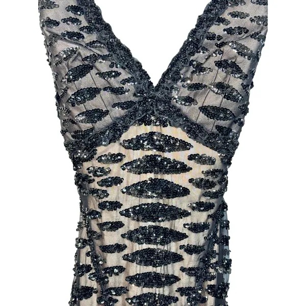 NWT Mandalay Black Silk Beaded Sequin Short Midi Evening Formal Dress Womens 4 - Image 3