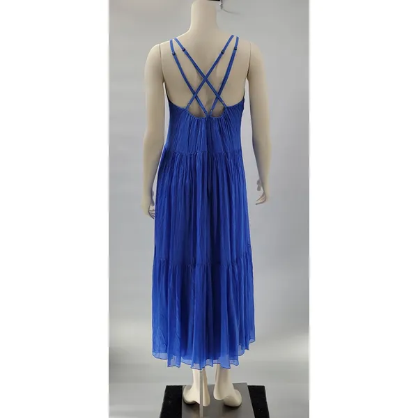 FRNCH Jailys Dress Womens M Blue Silk Viscose Criss Cross Open Back Tiered - Image 3