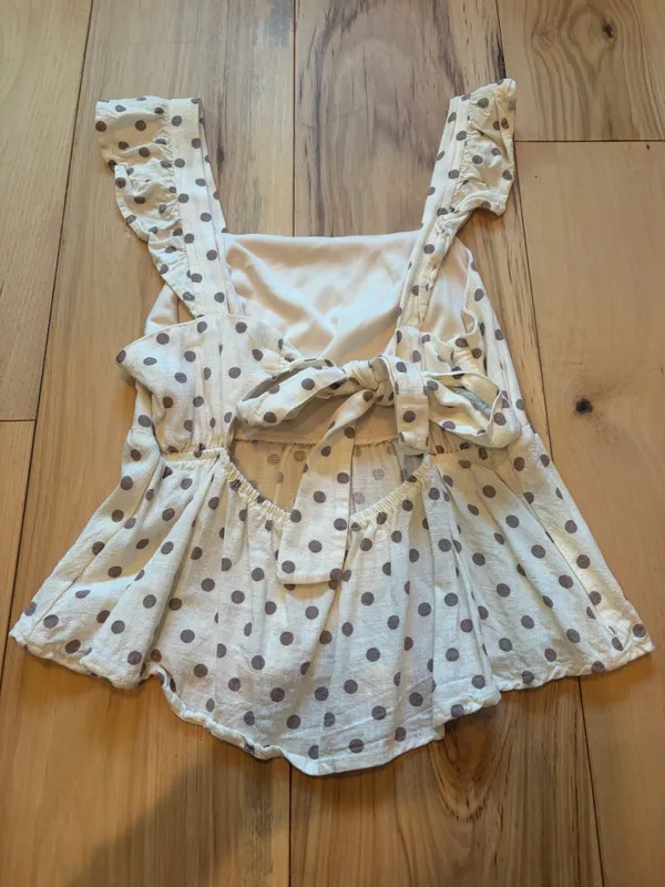Monteau Los Angeles Polka Dot Peplum Top Ruffle Straps Tie Back S - Image 2