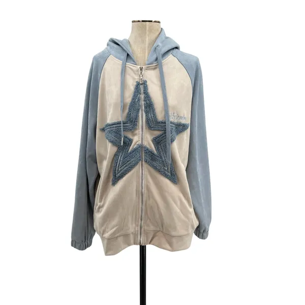 Aelfric Eden‎ Star Patchwork Zip Hoodie Blue Beige Suede Streetwear Size Medium - Image 3