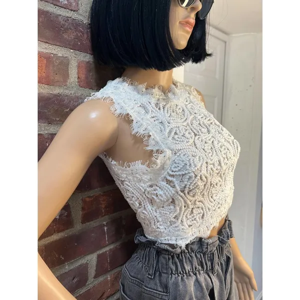 Design Lab Lord & Taylor Sleeveless Crochet Lace Crop Top - Image 5