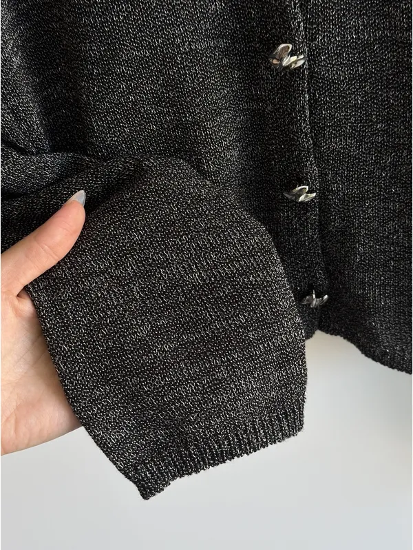Zara Black Silver Metallic Knit Cardigan Statement Buttons Size L - Image 9